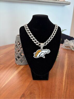 NFL Silver Cuban Chain Necklace with Denver Broncos Logo Pendant